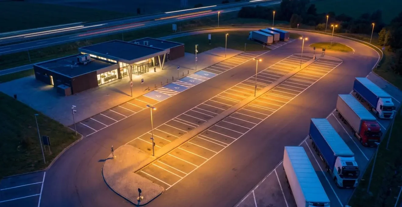 Vue aérienne d'une aire d'autoroute belge de nuit avec zones de stationnement éclairées, montrant les emplacements les plus sûrs.