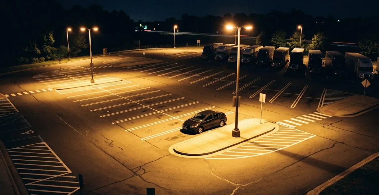 Vue nocturne d'une aire d'autoroute avec éclairage stratégique et zones de stationnement