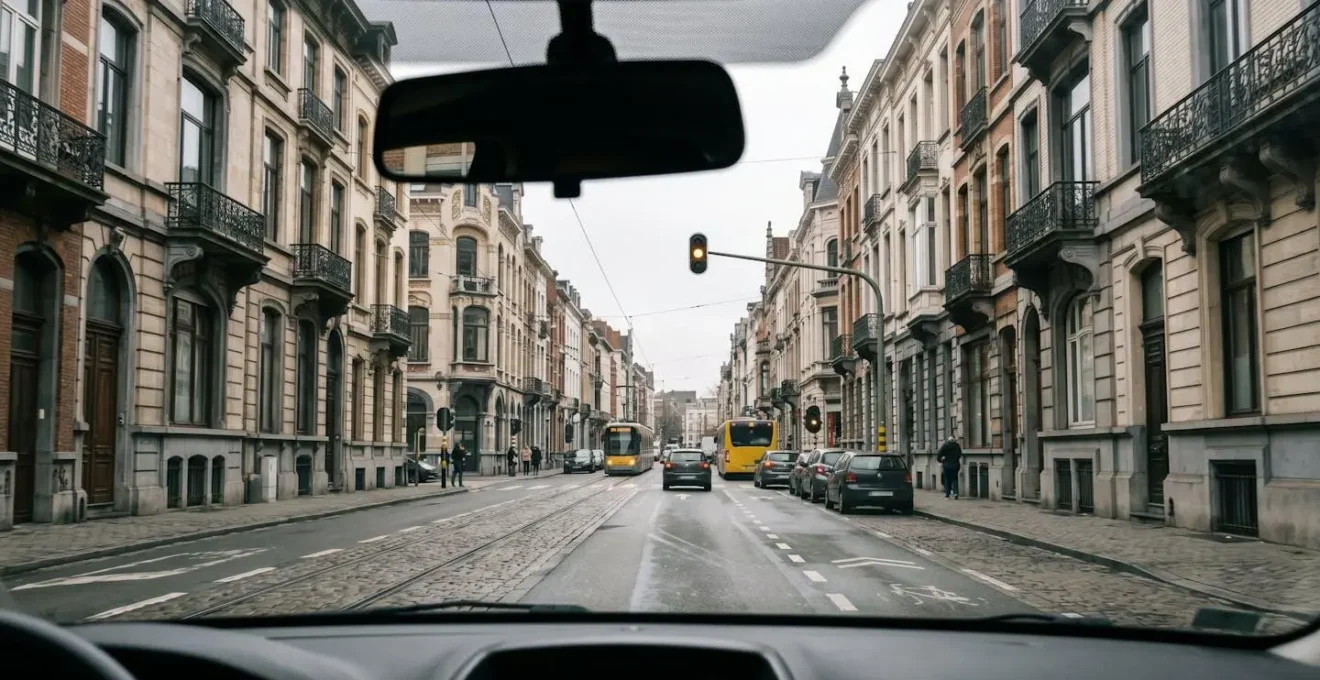 Vue depuis l'habitacle d'une voiture approchant un feu de circulation dans les rues de Bruxelles