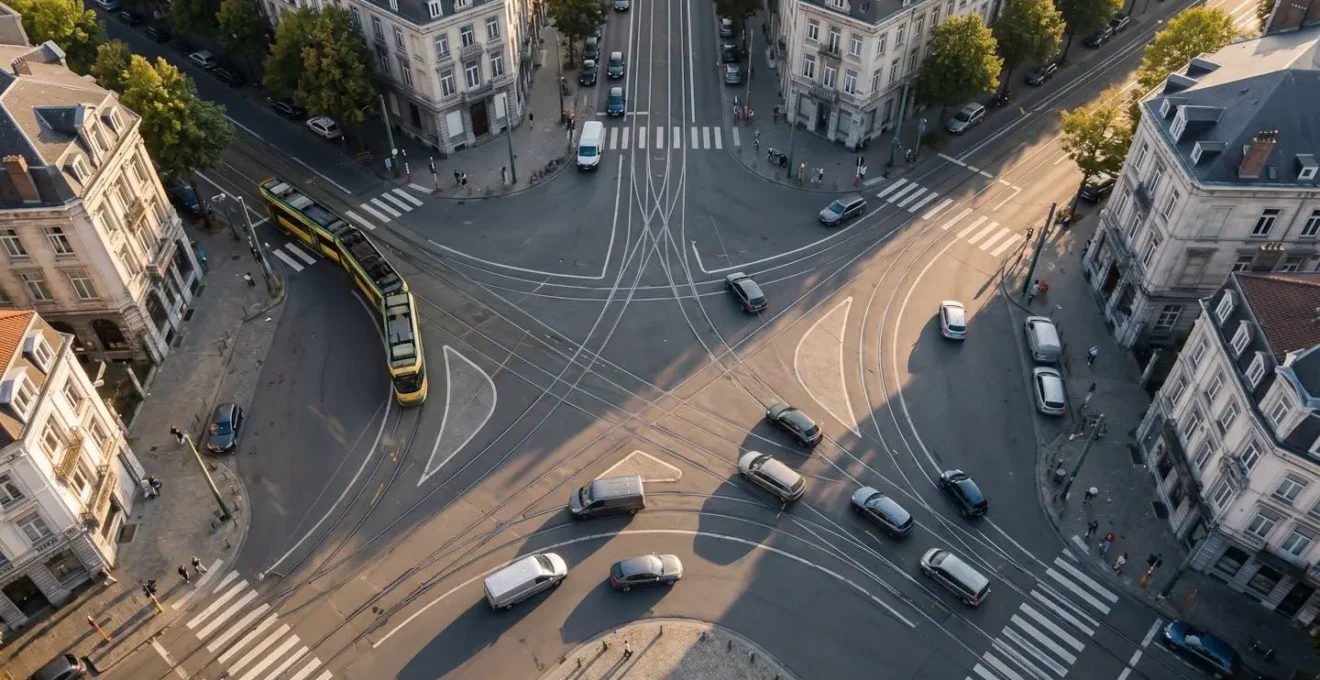 Vue aérienne d'un carrefour bruxellois typique avec tramway et voitures en circulation