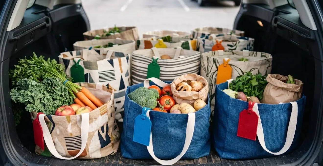 Coffre de voiture organisé avec des courses dans des sacs réutilisables étiquetés