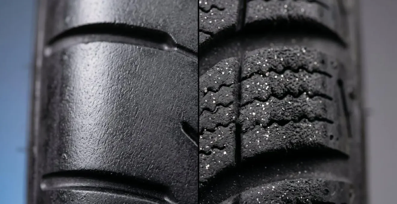 Comparaison microscopique de la texture de gomme entre pneu été et pneu hiver