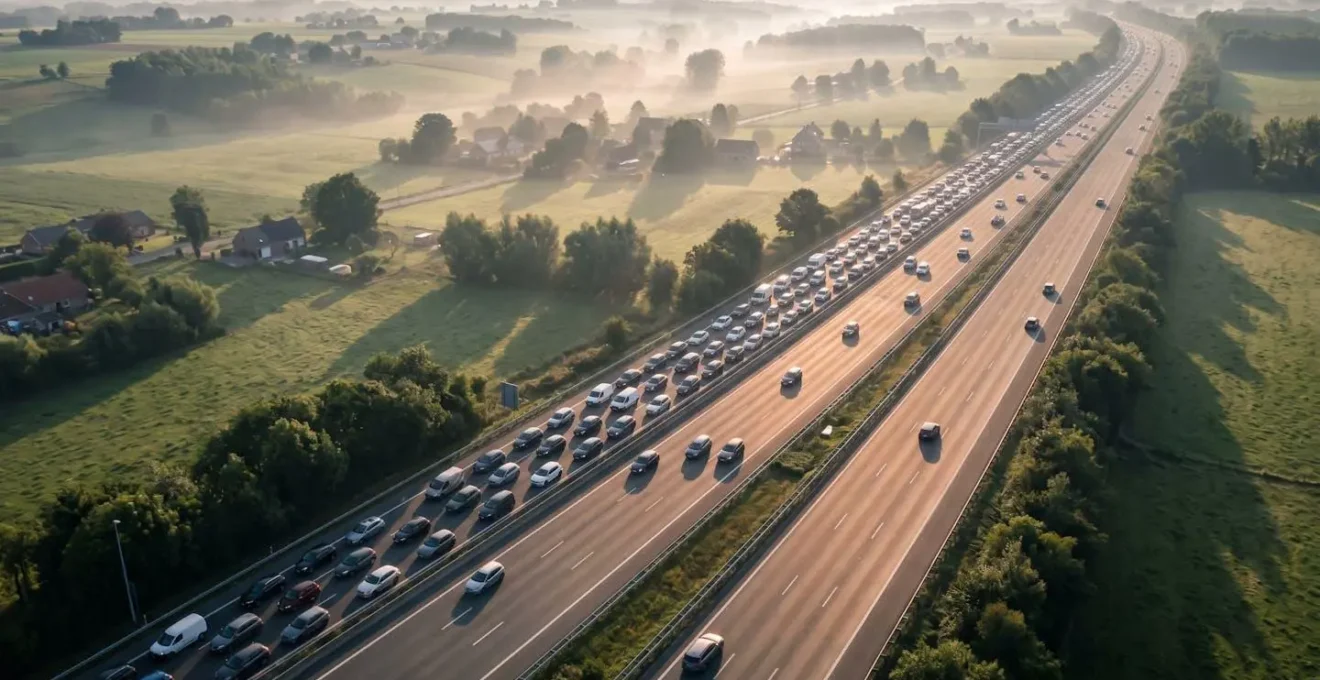 Vue aérienne d'une autoroute belge avec trois voies symbolisant différents choix de mobilité