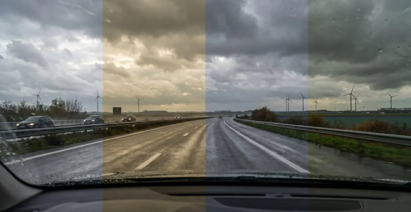 Comparaison visuelle de différentes teintes de verres polarisés sur route mouillée belge