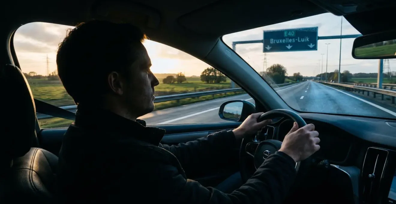 Vue depuis l'habitacle sur autoroute belge E411 avec conducteur concentré