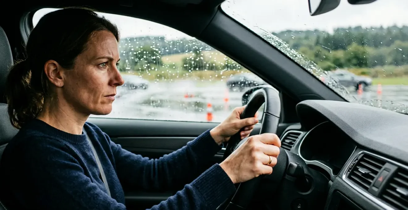 Conductrice concentrée au volant lors d'un exercice de maîtrise sur piste glissante en Belgique
