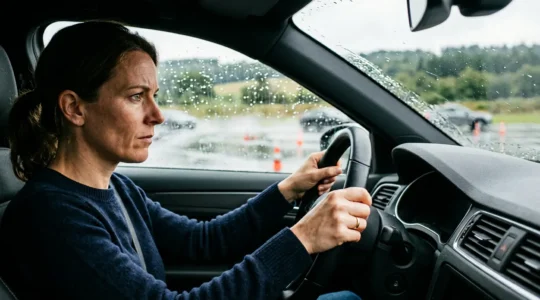 Conductrice concentrée au volant lors d'un exercice de maîtrise sur piste glissante en Belgique
