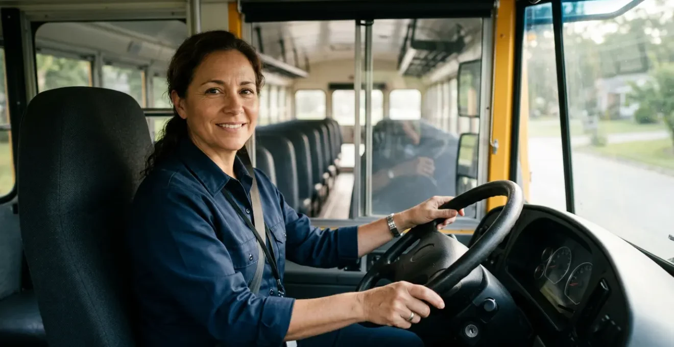 Conductrice de bus scolaire concentrée au volant, surveillant les enfants dans le rétroviseur intérieur panoramique