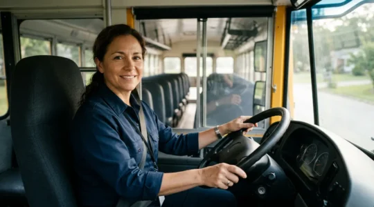 Conductrice de bus scolaire concentrée au volant, surveillant les enfants dans le rétroviseur intérieur panoramique