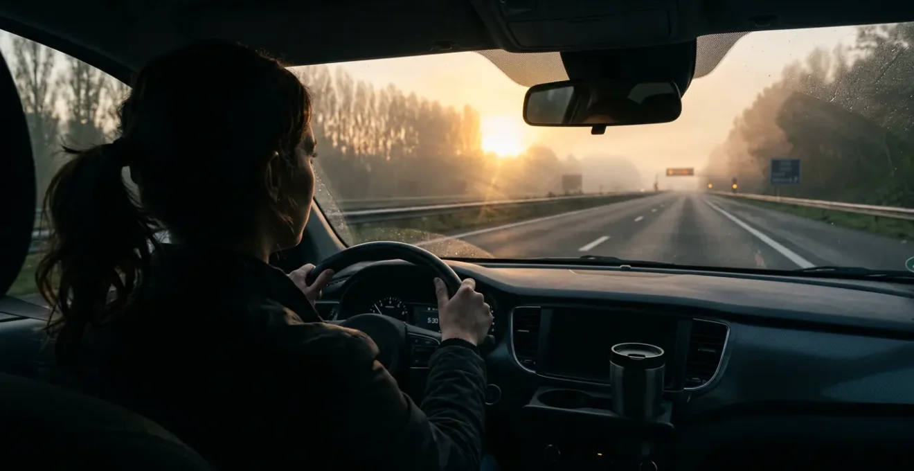 Femme conductrice fatiguée au volant lors d'un trajet matinal sur autoroute