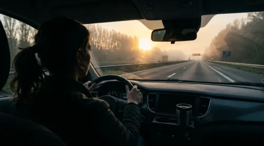 Femme conductrice fatiguée au volant lors d'un trajet matinal sur autoroute