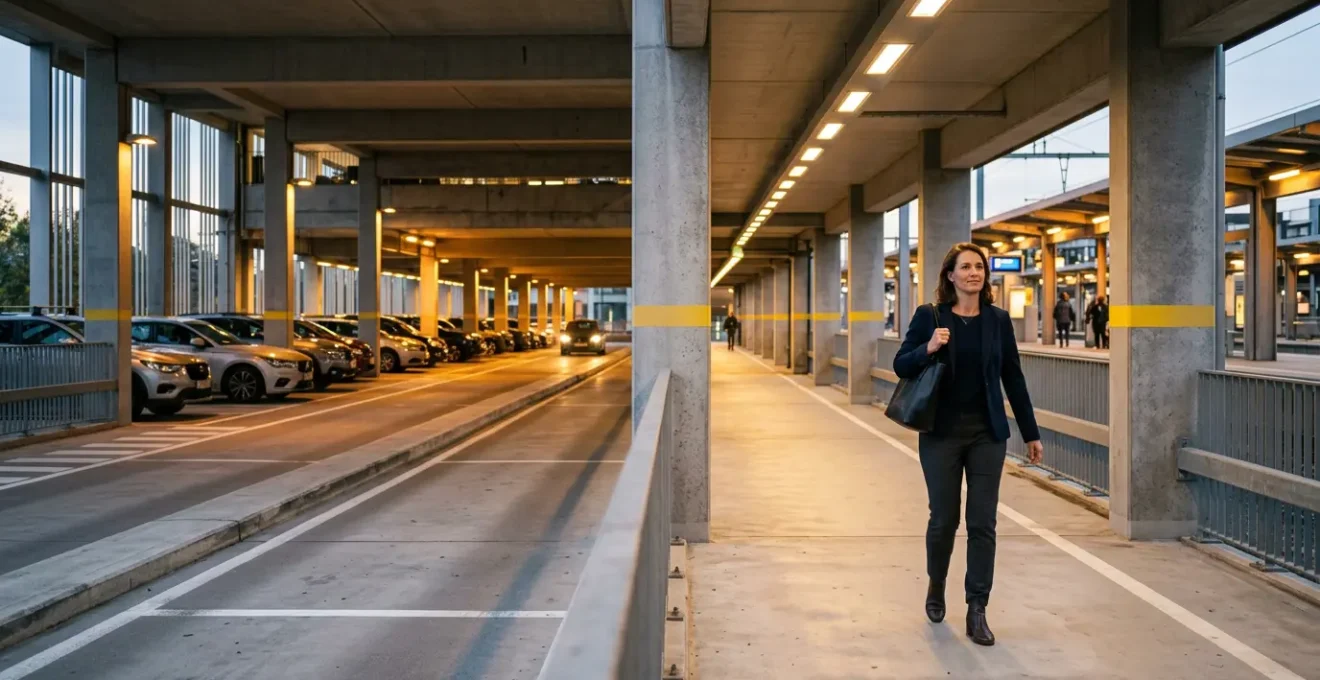 Une conductrice marchant vers sa voiture dans un parking P+R moderne et bien éclairé de Bruxelles, avec des éléments de sécurité visibles