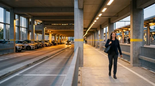 Une conductrice marchant vers sa voiture dans un parking P+R moderne et bien éclairé de Bruxelles, avec des éléments de sécurité visibles