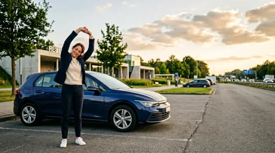 Conductrice effectuant une pause revigorante sur une aire d'autoroute belge avec étirements et marche