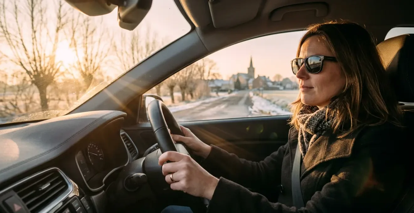 Conductrice portant des lunettes polarisées au volant sur une route belge en hiver avec soleil rasant