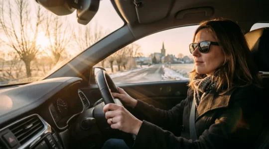 Conductrice portant des lunettes polarisées au volant sur une route belge en hiver avec soleil rasant
