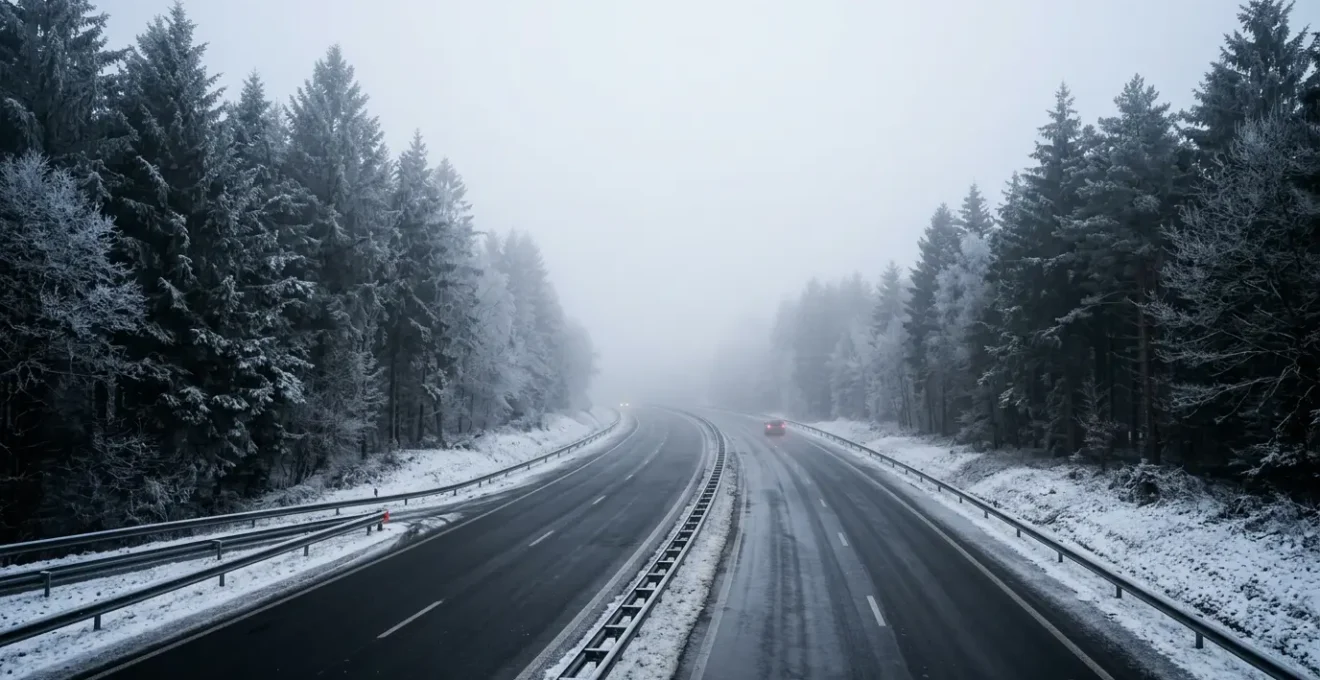 Conductrices sur route hivernale en Ardenne belge avec visibilité réduite et conditions givrantes