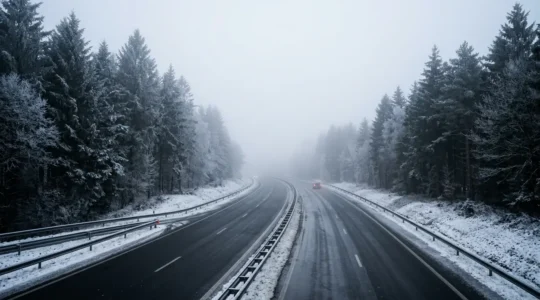Conductrices sur route hivernale en Ardenne belge avec visibilité réduite et conditions givrantes