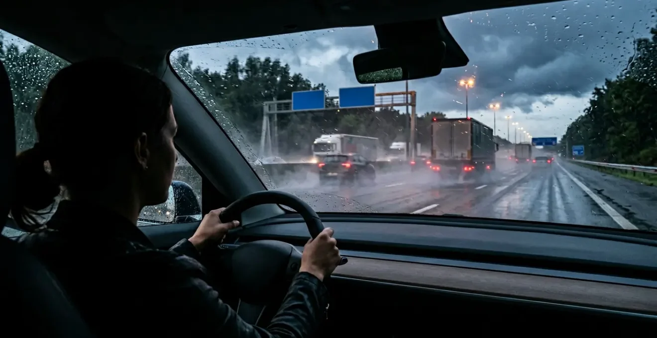 Conductrice expérimentée affrontant la pluie sur autoroute belge avec visibilité réduite