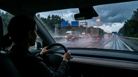 Conductrice expérimentée affrontant la pluie sur autoroute belge avec visibilité réduite