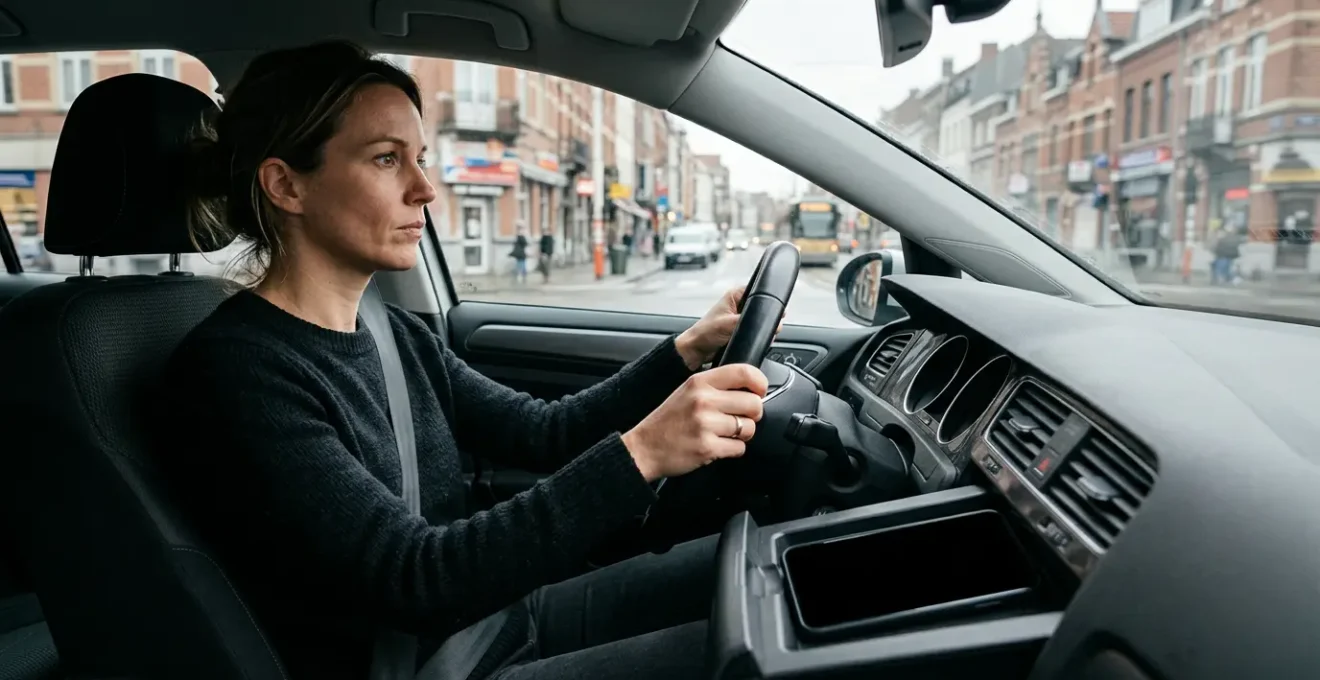 Conductrice belge concentrée sur la route, smartphone rangé dans compartiment fermé de la voiture