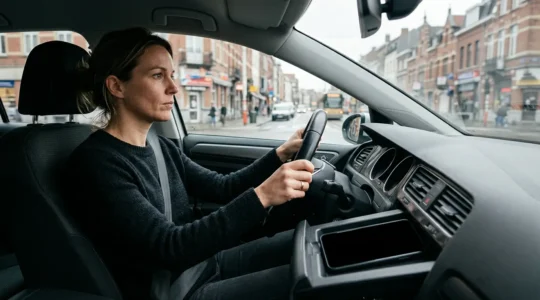 Conductrice belge concentrée sur la route, smartphone rangé dans compartiment fermé de la voiture