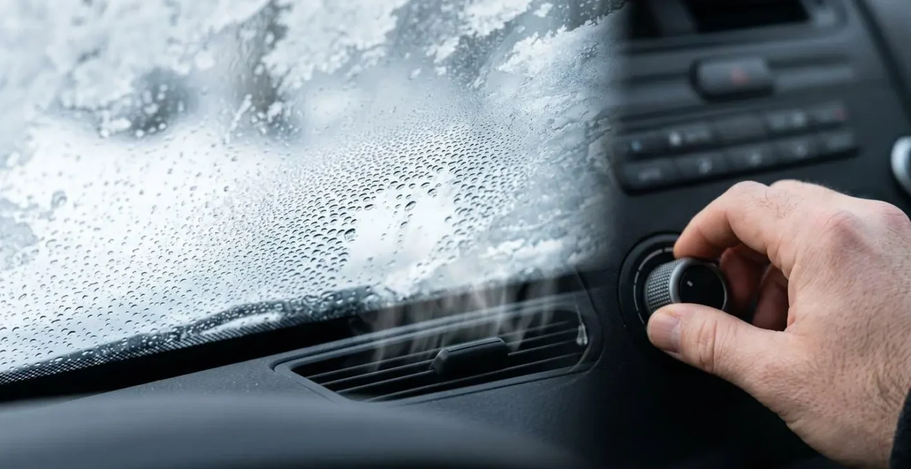 Intérieur de voiture avec système de dégivrage activé éliminant la buée du pare-brise