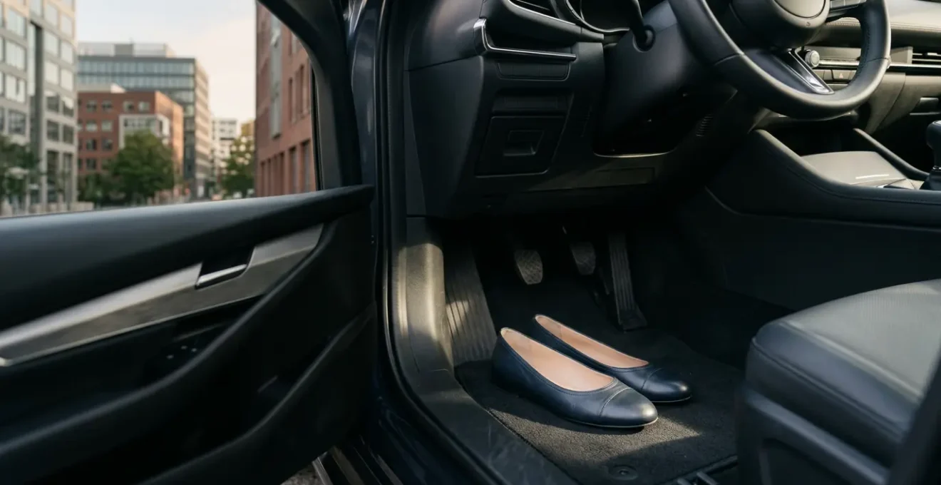 Chaussures professionnelles élégantes posées dans un véhicule moderne avec pédales visibles