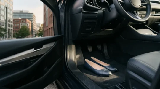 Chaussures professionnelles élégantes posées dans un véhicule moderne avec pédales visibles