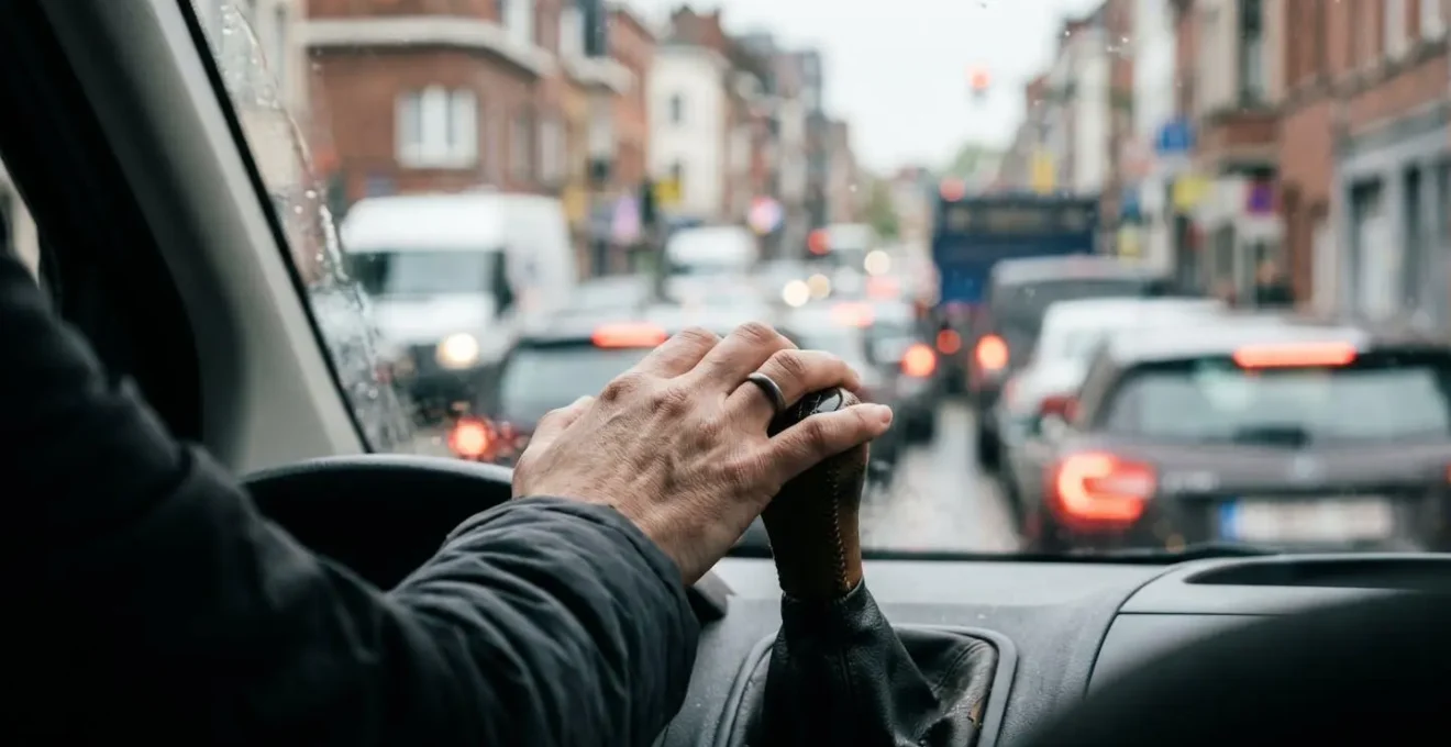 Vue de l'intérieur d'une voiture dans un embouteillage, avec la main d'une conductrice posée sur le levier de vitesse.