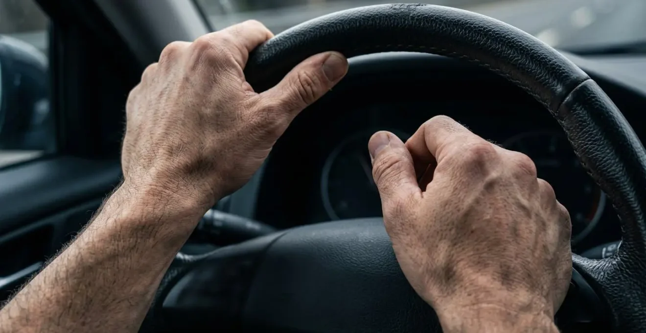 Démonstration de l'exercice de décompression lombaire utilisant le volant comme point d'appui lors d'un arrêt au feu rouge