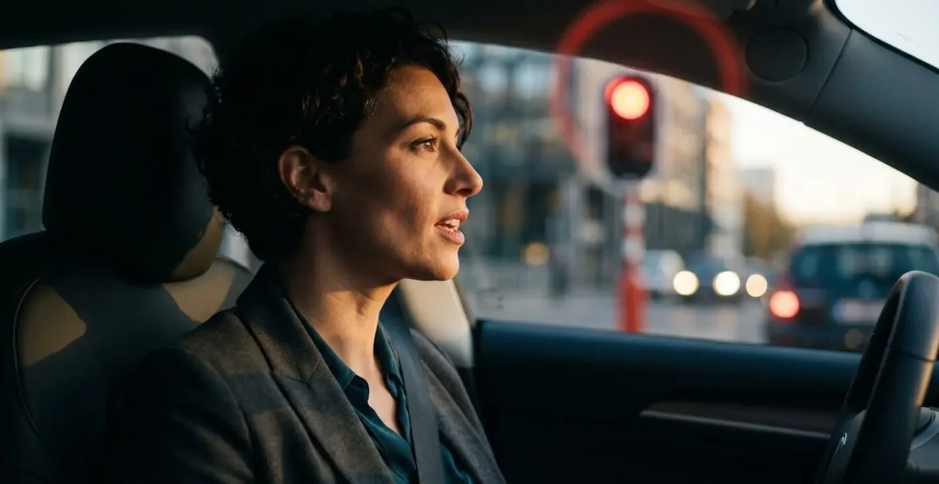 Femme pratiquant des exercices vocaux dans sa voiture à l'arrêt