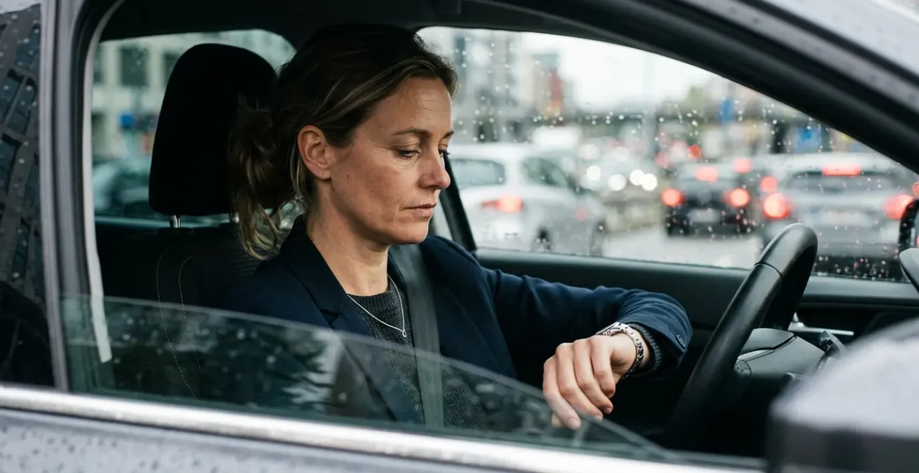 Femme conductrice dans sa voiture en milieu urbain belge regardant sa montre pendant le trajet matinal