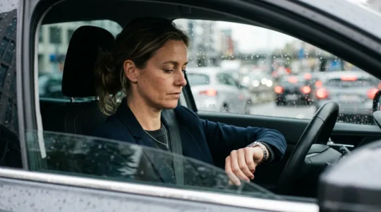 Femme conductrice dans sa voiture en milieu urbain belge regardant sa montre pendant le trajet matinal