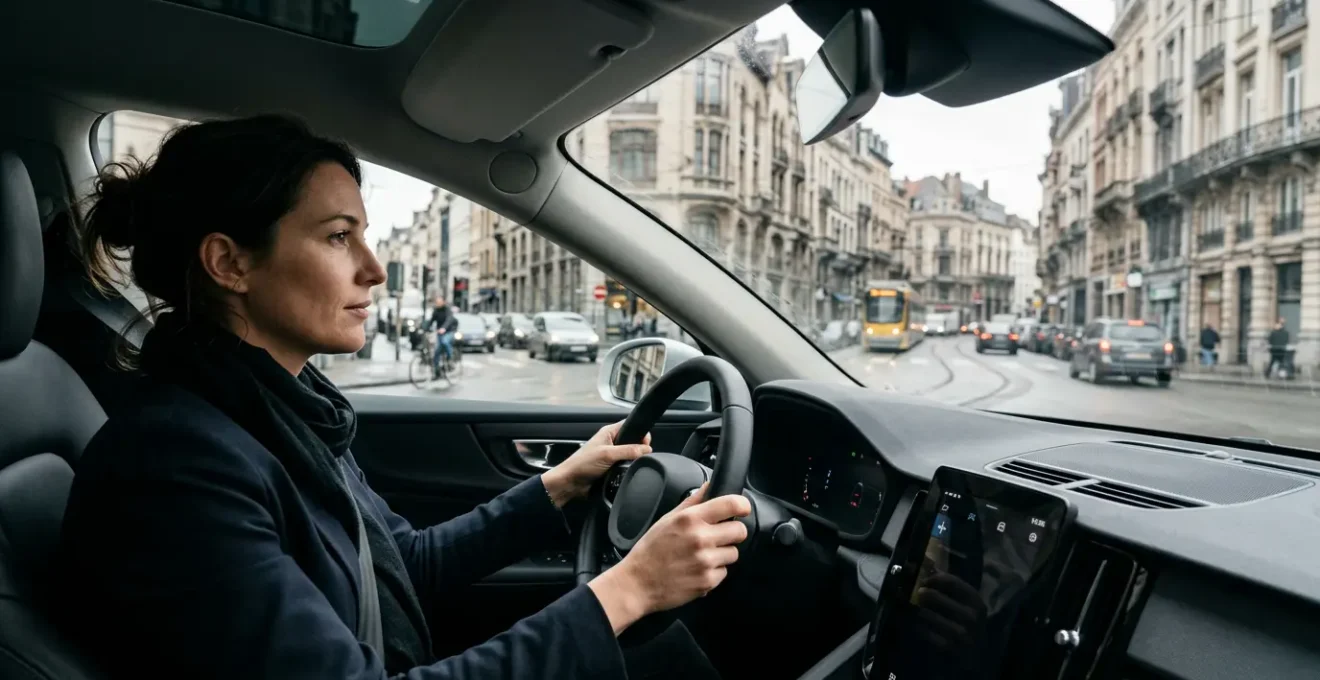 Conductrice concentrée navigant dans le trafic dense du centre-ville de Bruxelles avec l'architecture typique en arrière-plan