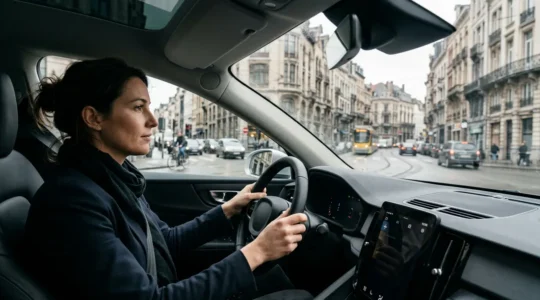 Conductrice concentrée navigant dans le trafic dense du centre-ville de Bruxelles avec l'architecture typique en arrière-plan