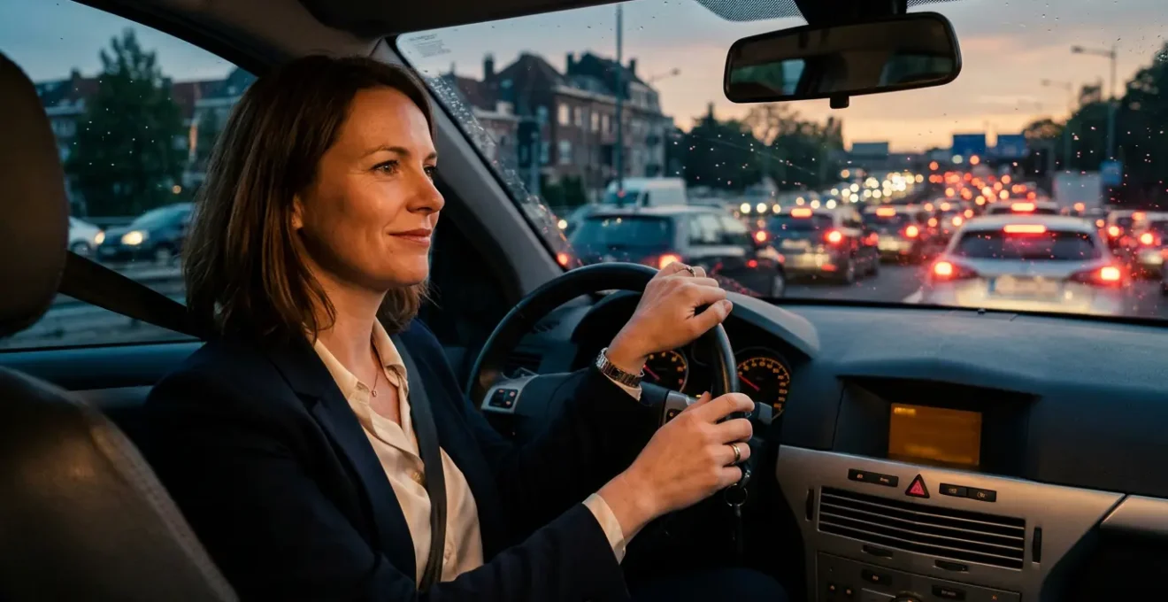 Conductrice dans sa voiture moderne utilisant intelligemment son temps dans les embouteillages de Bruxelles