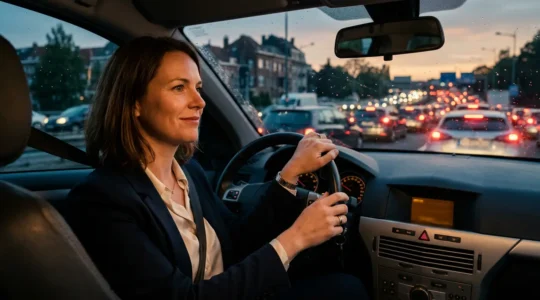 Conductrice dans sa voiture moderne utilisant intelligemment son temps dans les embouteillages de Bruxelles