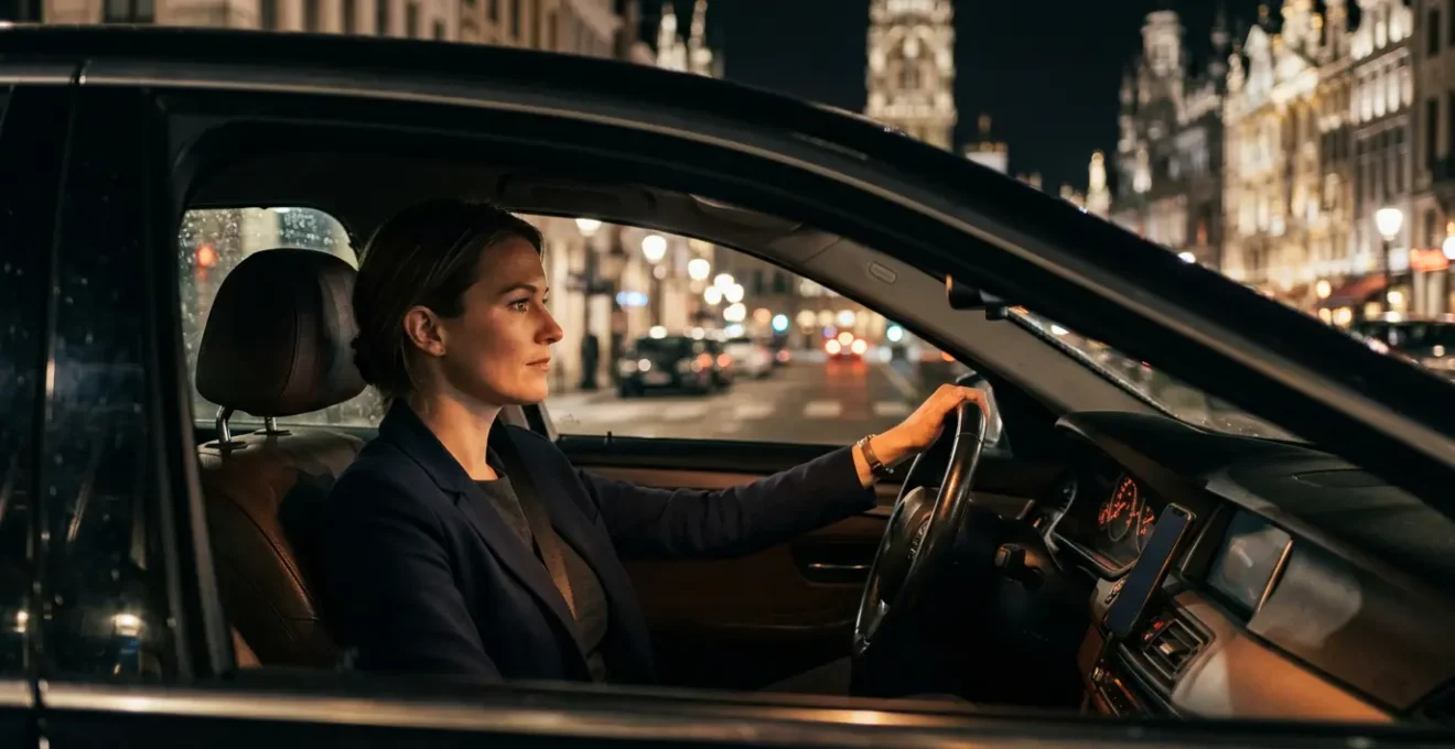 Femme chauffeur au volant de son VTC dans les rues nocturnes de Bruxelles, éclairage urbain en arrière-plan