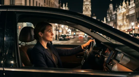 Femme chauffeur au volant de son VTC dans les rues nocturnes de Bruxelles, éclairage urbain en arrière-plan