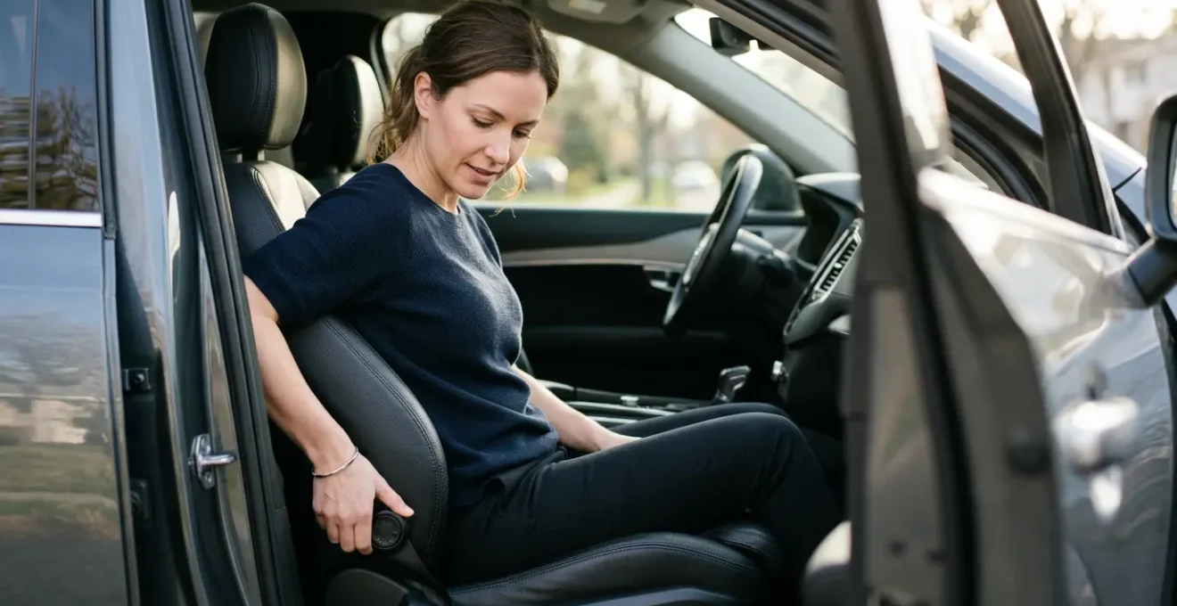 Femme ajustant sa position de conduite dans une voiture moderne avec focus sur l'ergonomie du dos