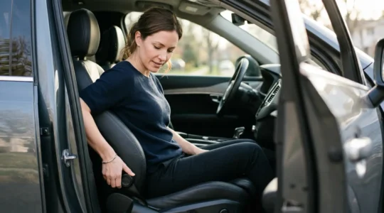 Femme ajustant sa position de conduite dans une voiture moderne avec focus sur l'ergonomie du dos