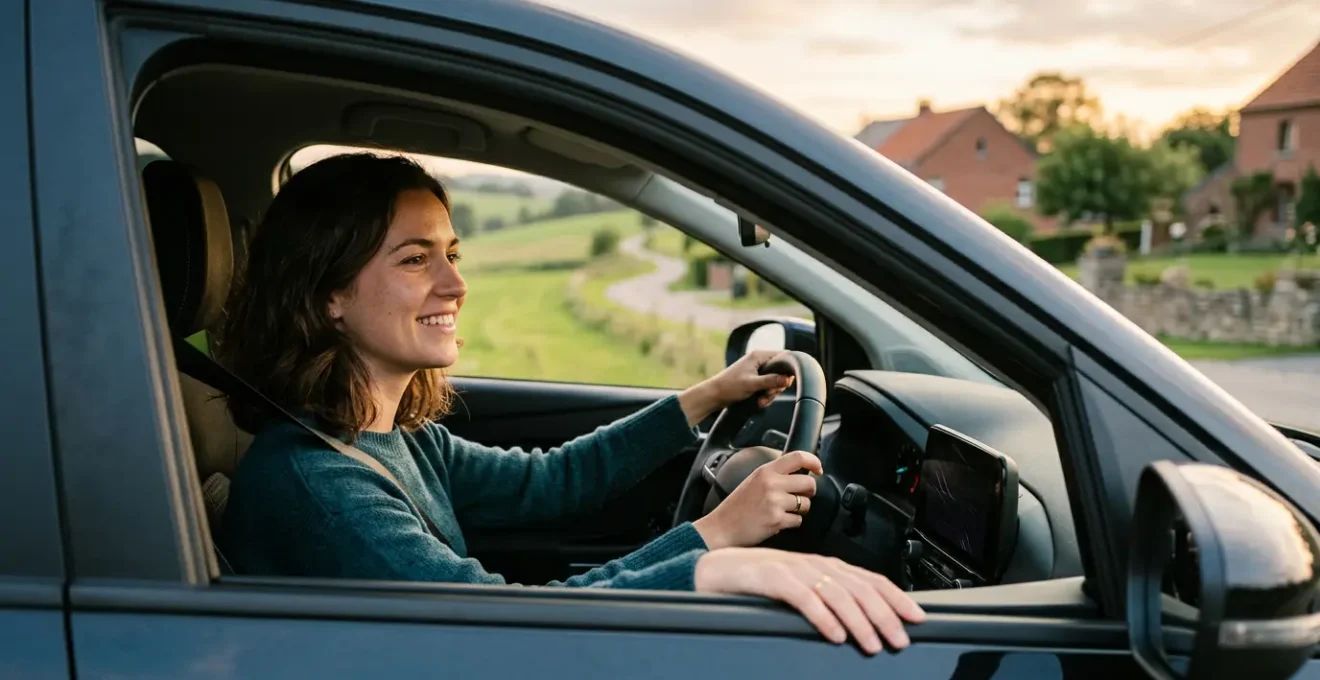 Femme confiante au volant de sa voiture en Wallonie