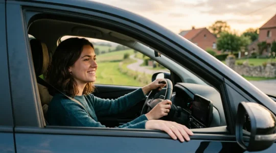 Femme confiante au volant de sa voiture en Wallonie