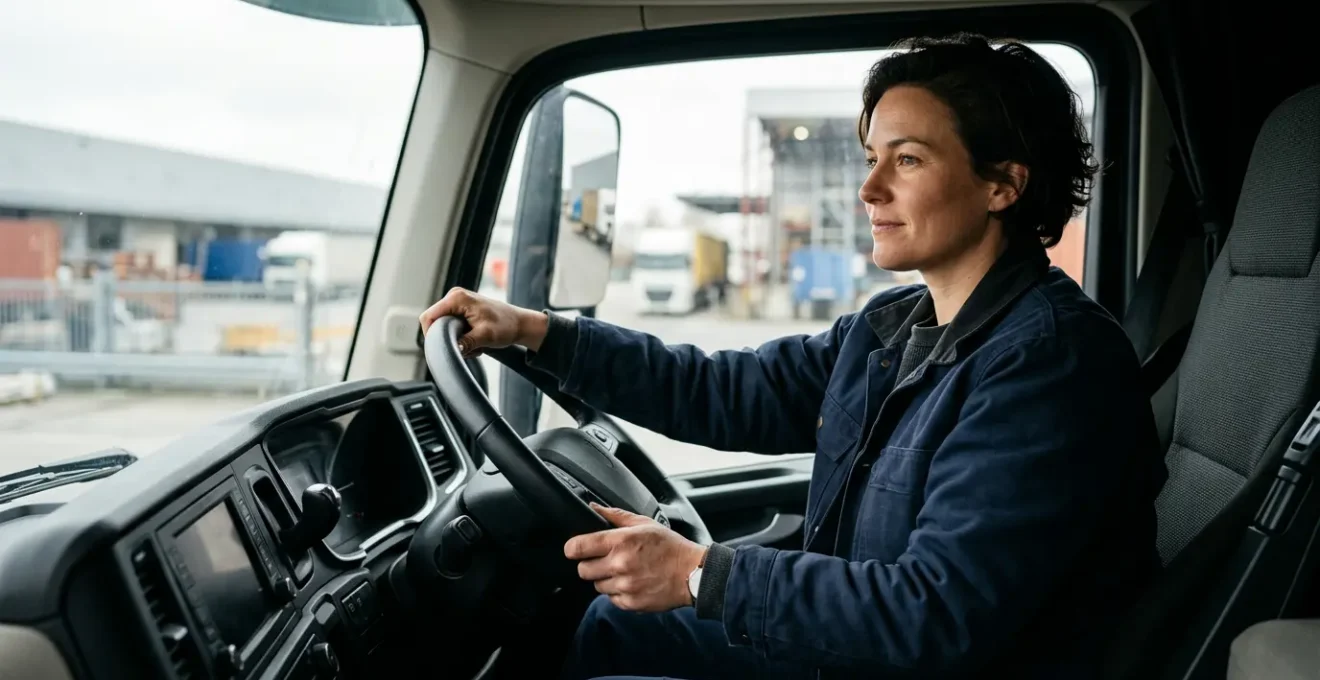 Femme conductrice souriante au volant d'un poids lourd moderne dans un environnement industriel belge