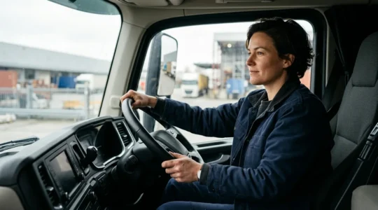Femme conductrice souriante au volant d'un poids lourd moderne dans un environnement industriel belge