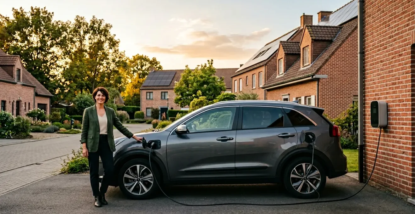 Conductrice rechargeant son SUV hybride rechargeable devant une maison belge avec panneaux solaires