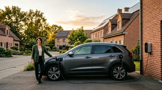 Conductrice rechargeant son SUV hybride rechargeable devant une maison belge avec panneaux solaires