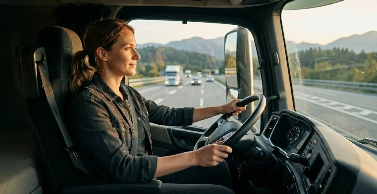 Femme conductrice professionnelle dans la cabine moderne d'un camion poids lourd sur autoroute internationale