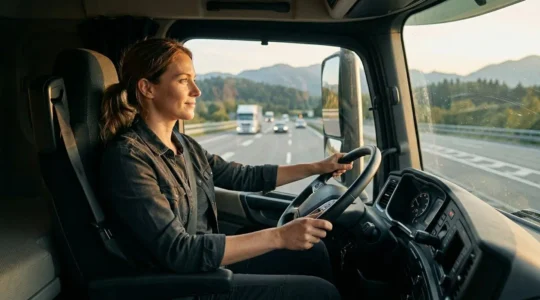 Femme conductrice professionnelle dans la cabine moderne d'un camion poids lourd sur autoroute internationale